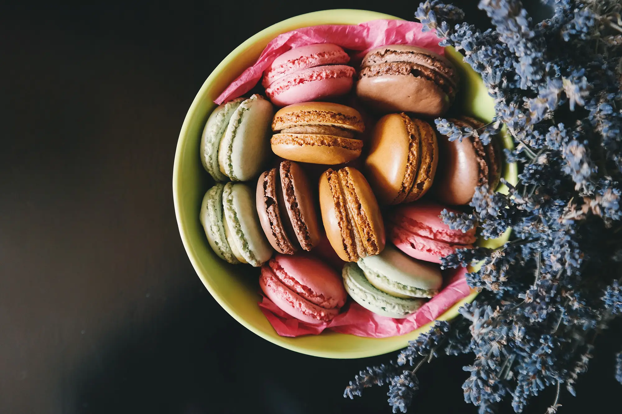 Photo of a bowl of multicoloured macaroons